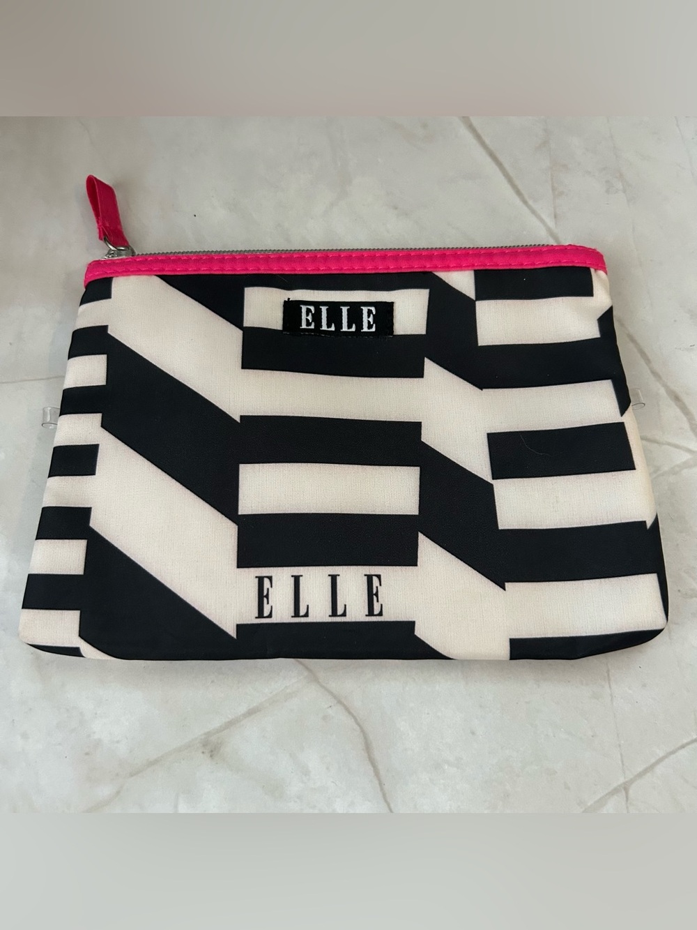 Elle Black and White Geometric Cosmetic Pouch with Pink Zipper